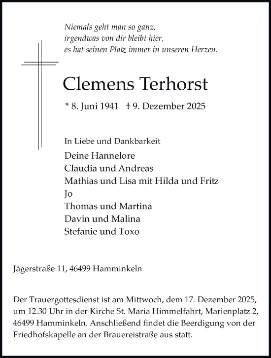 Traueranzeige von Clemens Terhorst von Tageszeitung