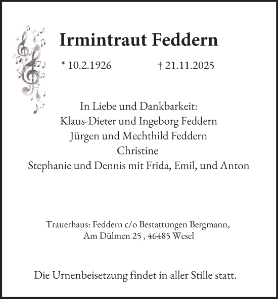 Traueranzeige von Irmintraut Feddern von Tageszeitung