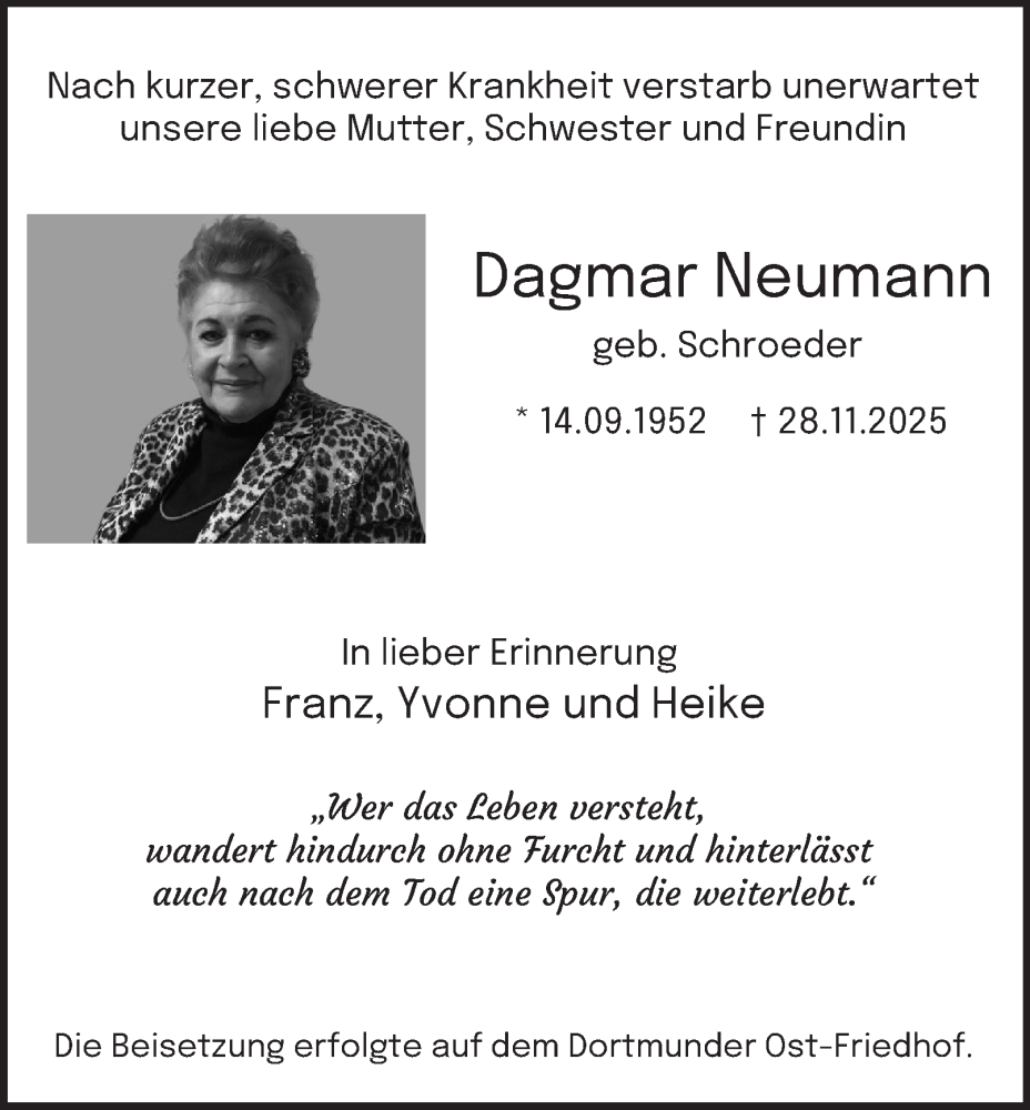  Traueranzeige für Dagmar Neumann vom 13.12.2025 aus Tageszeitung