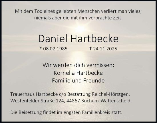 Traueranzeige von Daniel Hartbecke von Tageszeitung