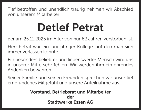 Traueranzeige von Detlef Petrat von Tageszeitung