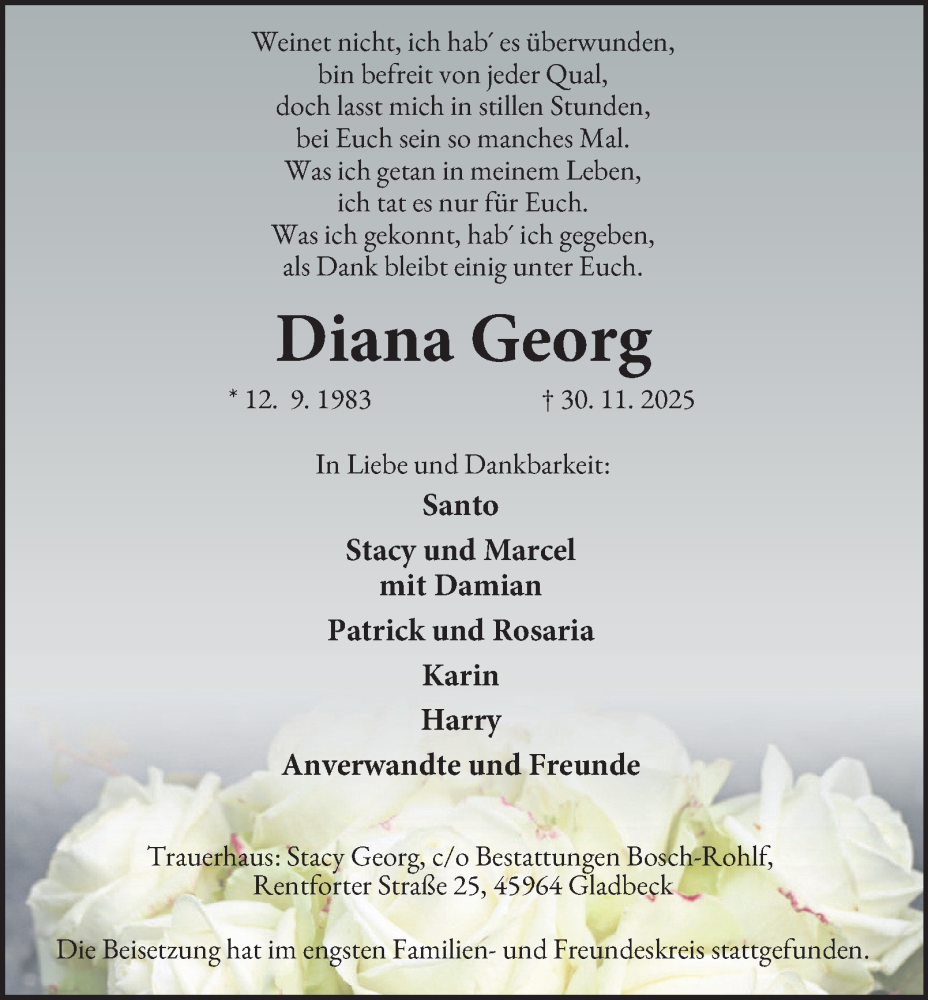  Traueranzeige für Diana Georg vom 13.12.2025 aus Tageszeitung