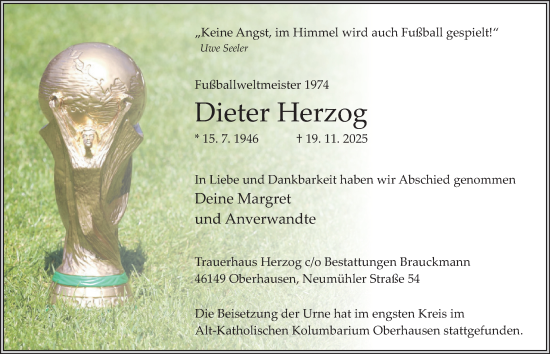 Traueranzeige von Dieter Herzog von Tageszeitung