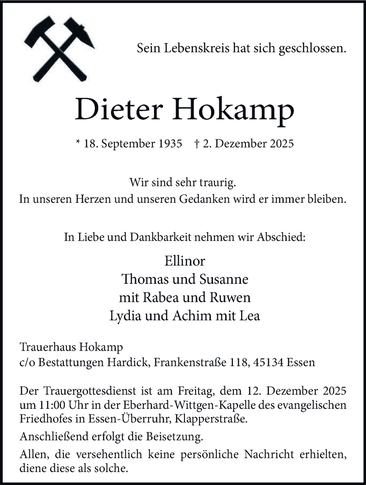  Traueranzeige für Dieter Hokamp vom 06.12.2025 aus Tageszeitung