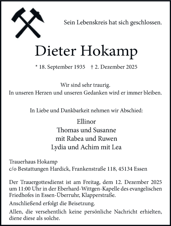 Traueranzeige von Dieter Hokamp von Tageszeitung
