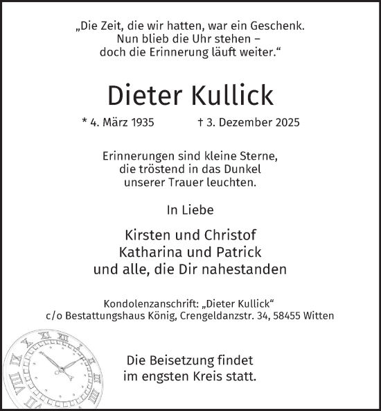 Traueranzeige von Dieter Kullick von Tageszeitung