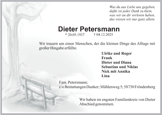 Traueranzeige von Dieter Petersmann von Tageszeitung