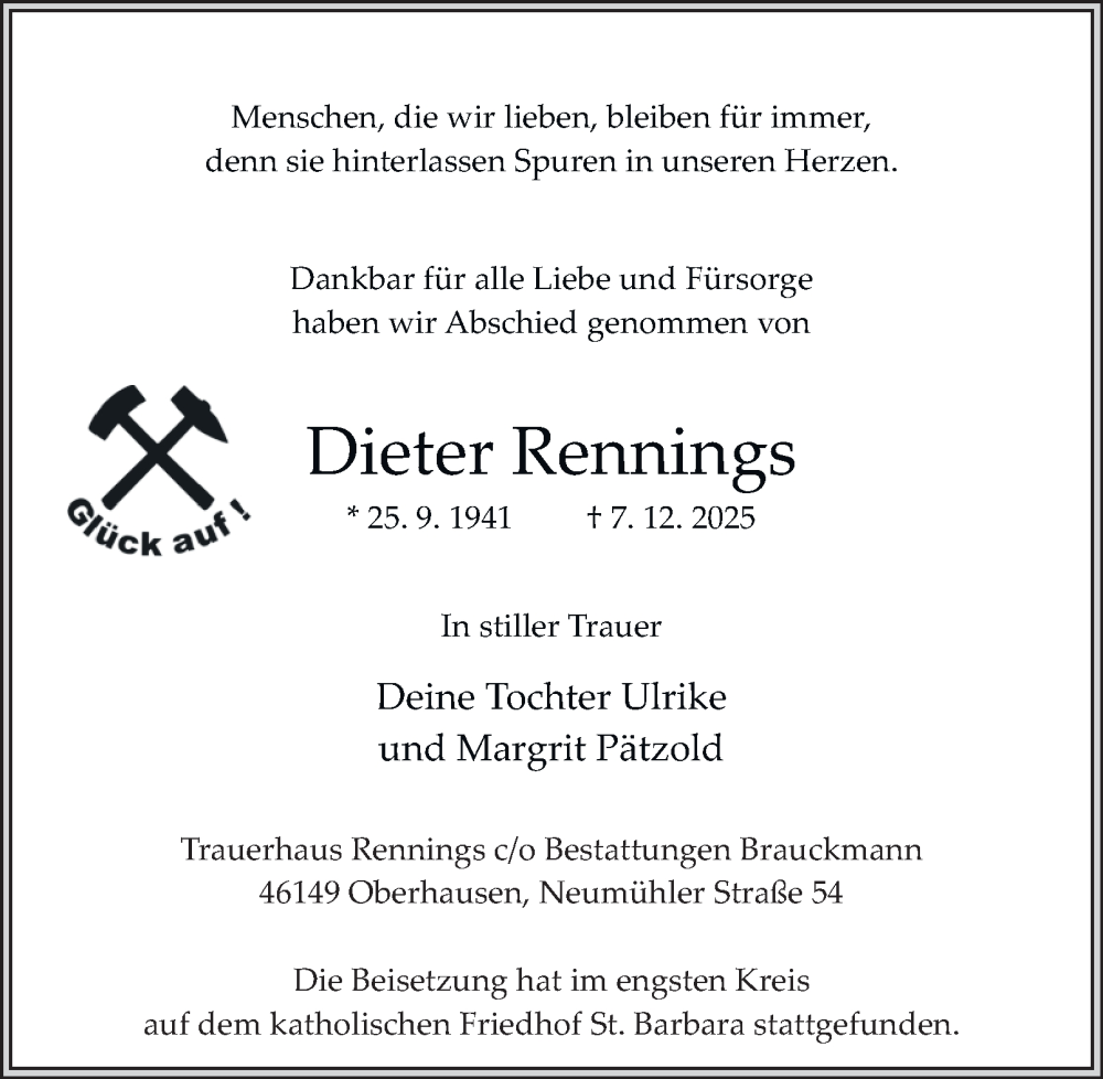  Traueranzeige für Dieter Rennings vom 20.12.2025 aus Tageszeitung