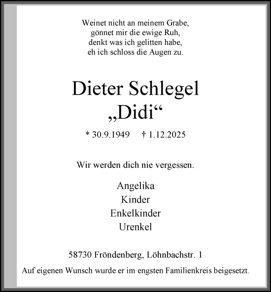 Traueranzeige von Dieter Schlegel von Tageszeitung