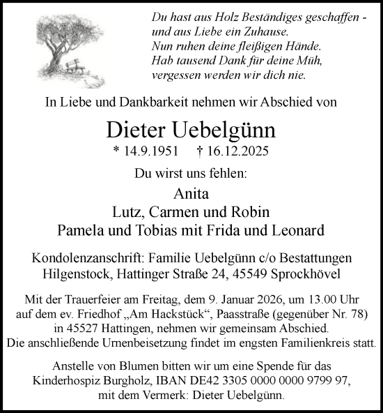 Traueranzeige von Dieter Uebelgünn von Tageszeitung