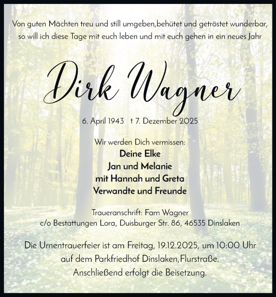 Traueranzeige von Dirk Wagner von Tageszeitung