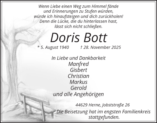Traueranzeige von Doris Bott von Tageszeitung