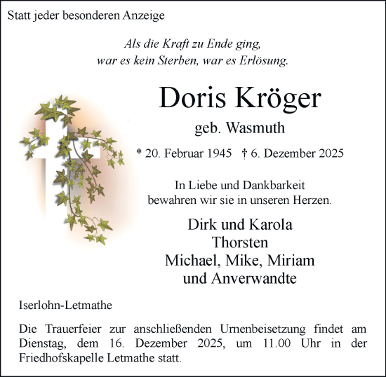 Traueranzeige von Doris Kröger von Tageszeitung
