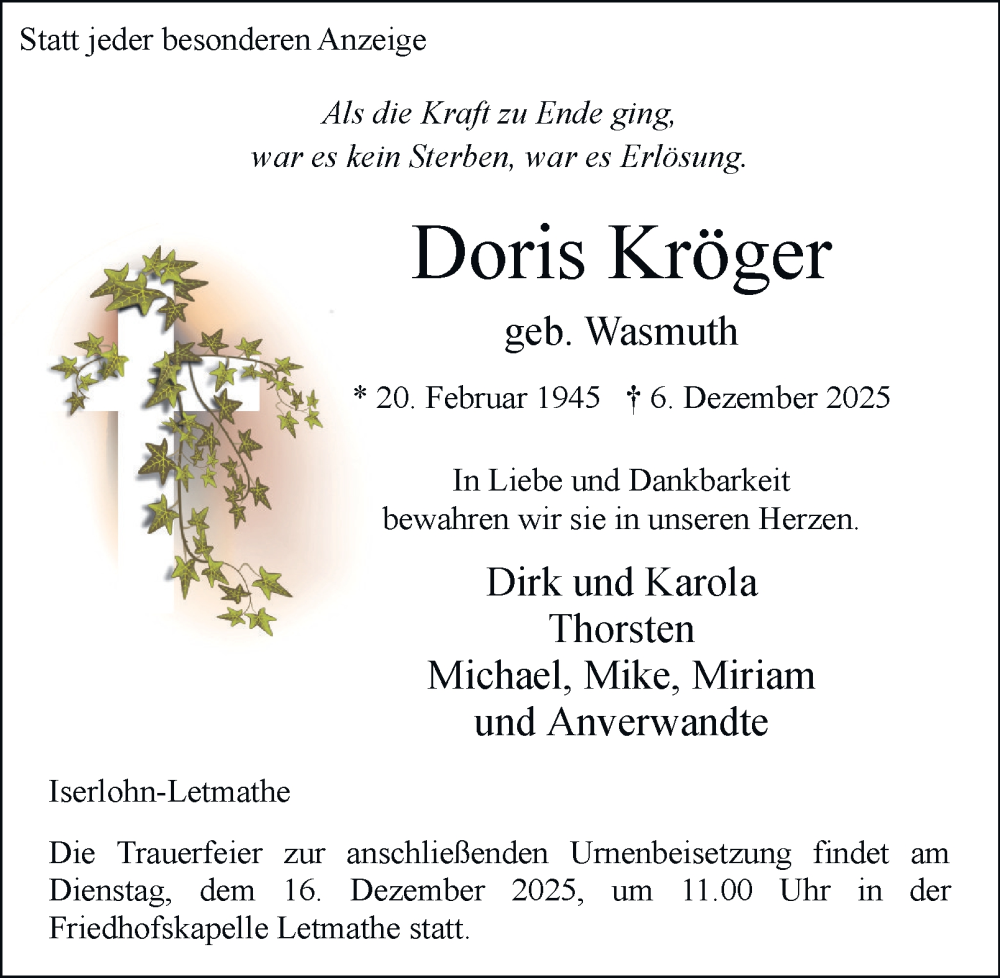  Traueranzeige für Doris Kröger vom 13.12.2025 aus Tageszeitung