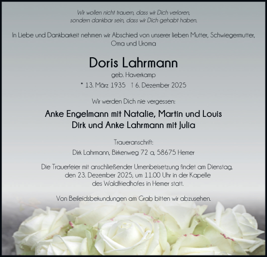 Traueranzeige von Doris Lahrmann von Tageszeitung