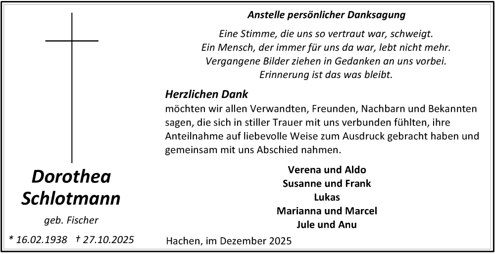  Traueranzeige für Dorothea Schlotmann vom 06.12.2025 aus Tageszeitung