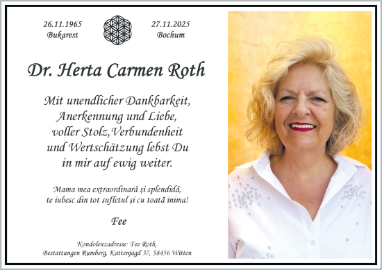 Traueranzeige von Dr. Herta Carmen Roth von Tageszeitung