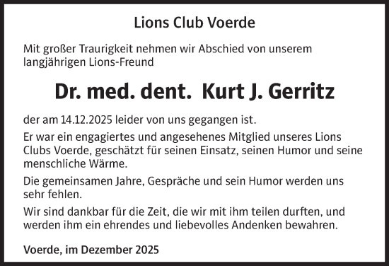 Traueranzeige von Dr. med. dent. Kurt J. Gerritz von Tageszeitung