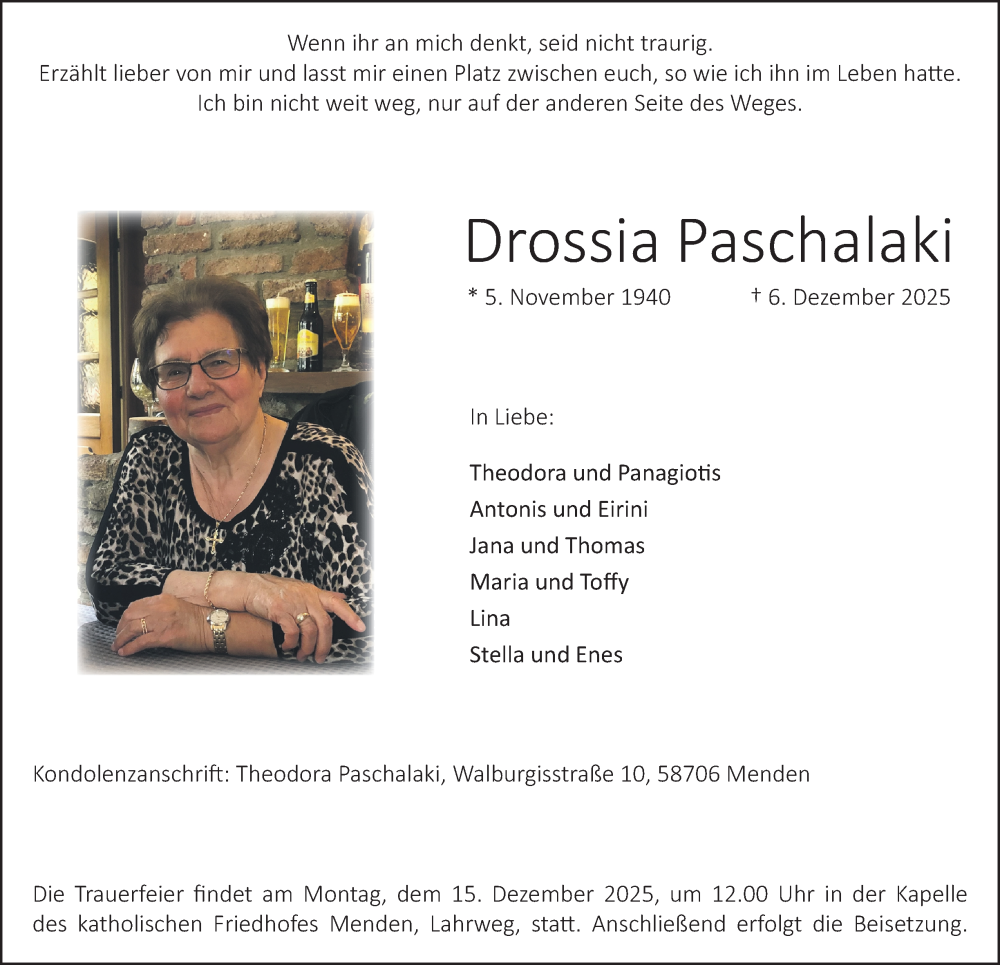  Traueranzeige für Drossia Paschalaki vom 10.12.2025 aus Tageszeitung