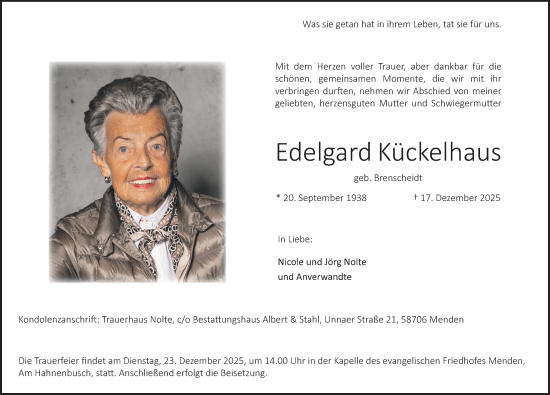 Traueranzeige von Edelgard Kückelhaus von Tageszeitung