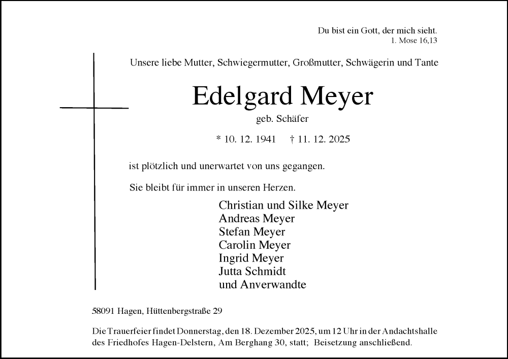  Traueranzeige für Edelgard Meyer vom 16.12.2025 aus Tageszeitung
