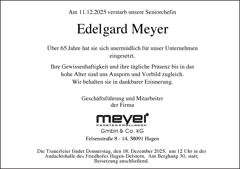  Traueranzeige für Edelgard Meyer vom 17.12.2025 aus Tageszeitung