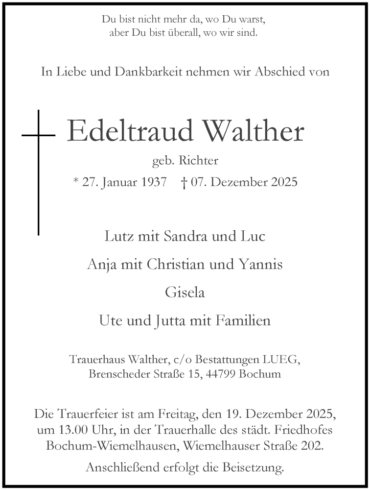  Traueranzeige für Edeltraud Walther vom 13.12.2025 aus Tageszeitung