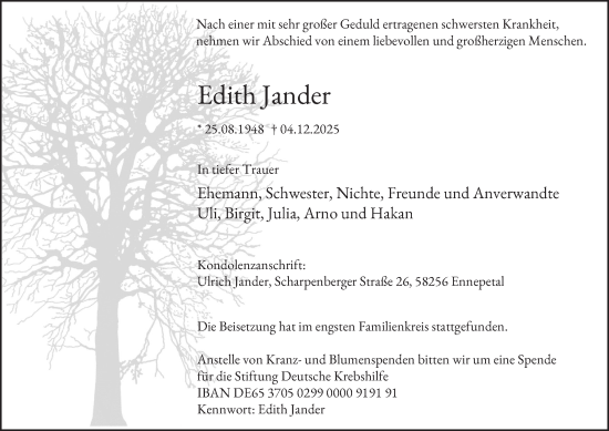 Traueranzeige von Edith Jander von Tageszeitung