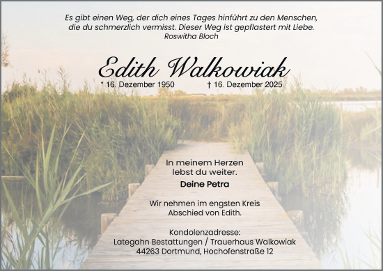 Traueranzeige von Edith Walkowiak von Tageszeitung