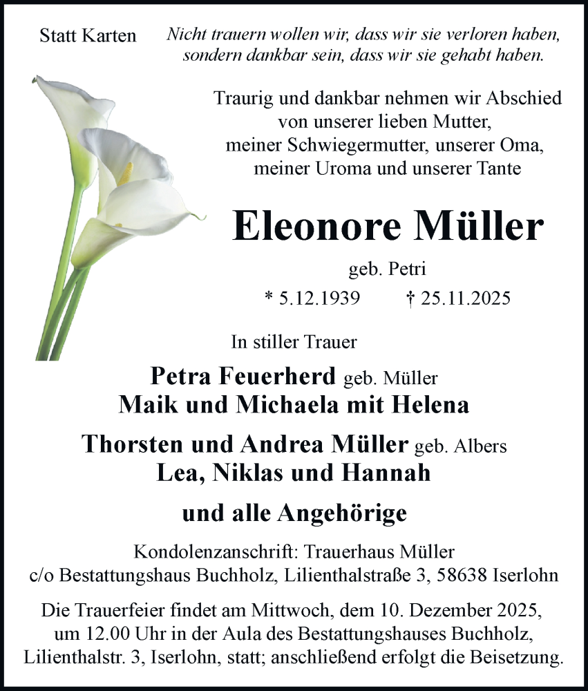  Traueranzeige für Eleonore Müller vom 06.12.2025 aus Tageszeitung