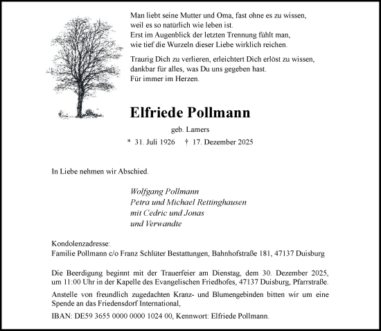 Traueranzeige von Elfriede Pollmann von Tageszeitung