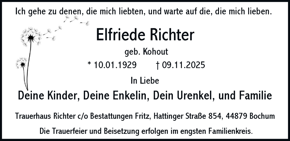  Traueranzeige für Elfriede Richter vom 20.12.2025 aus Tageszeitung