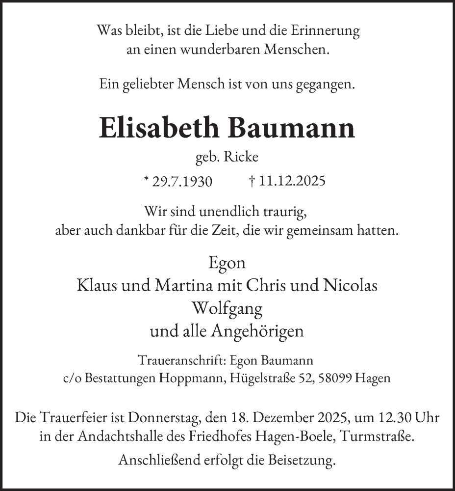  Traueranzeige für Elisabeth Baumann vom 13.12.2025 aus Tageszeitung