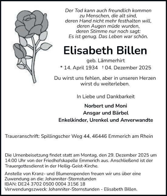 Traueranzeige von Elisabeth Billen von Tageszeitung