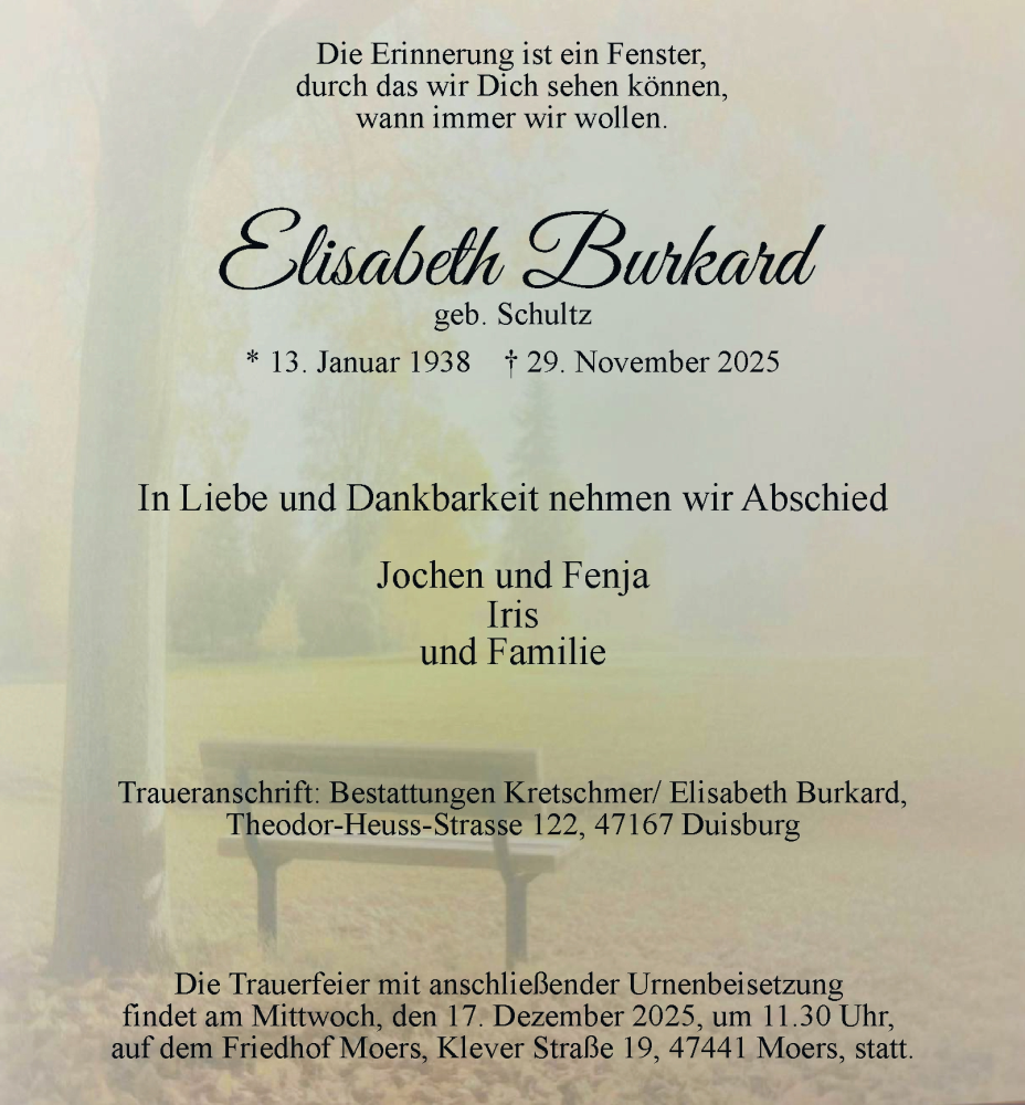  Traueranzeige für Elisabeth Burkard vom 06.12.2025 aus Tageszeitung