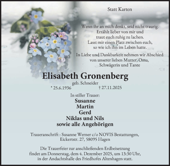 Traueranzeige von Elisabeth Gronenberg von Tageszeitung