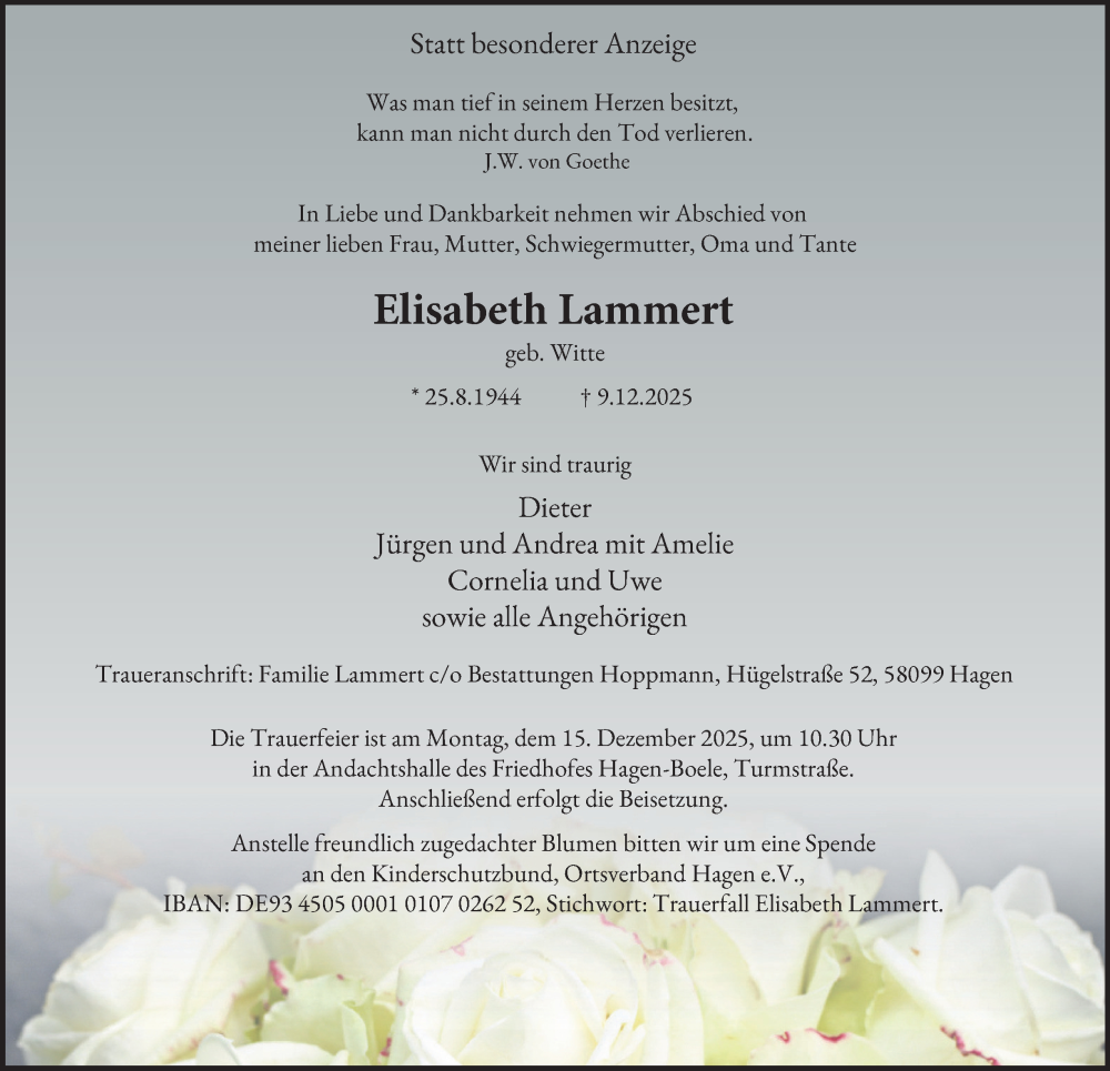  Traueranzeige für Elisabeth Lammert vom 13.12.2025 aus Tageszeitung