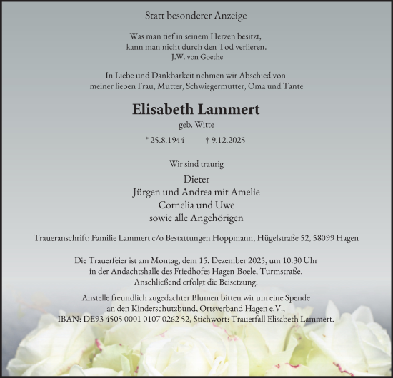 Traueranzeige von Elisabeth Lammert von Tageszeitung