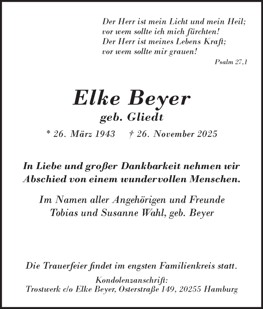  Traueranzeige für Elke Beyer vom 06.12.2025 aus Tageszeitung