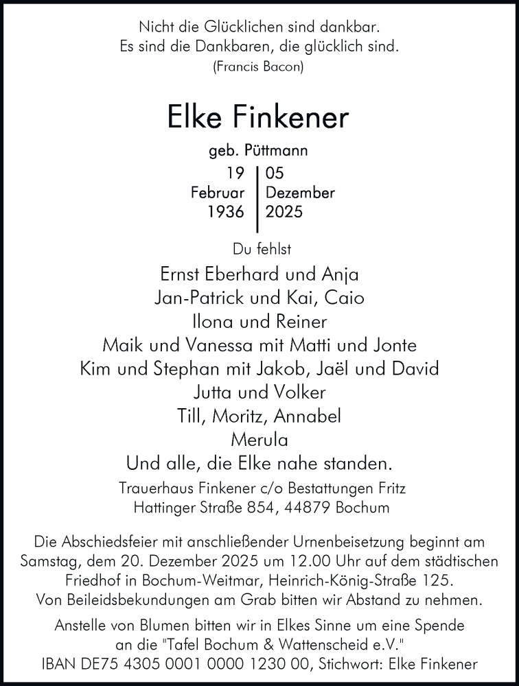  Traueranzeige für Elke Finkener vom 13.12.2025 aus Tageszeitung