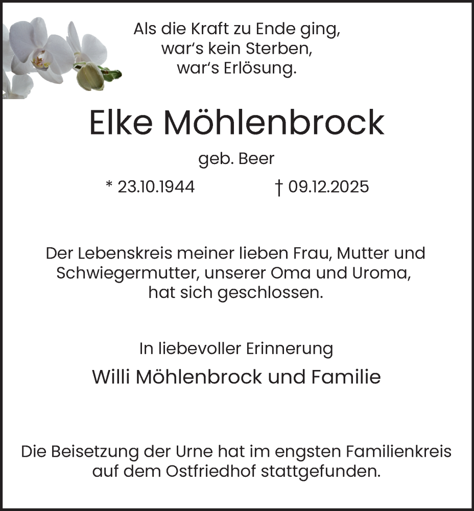  Traueranzeige für Elke Möhlenbrock vom 20.12.2025 aus Tageszeitung
