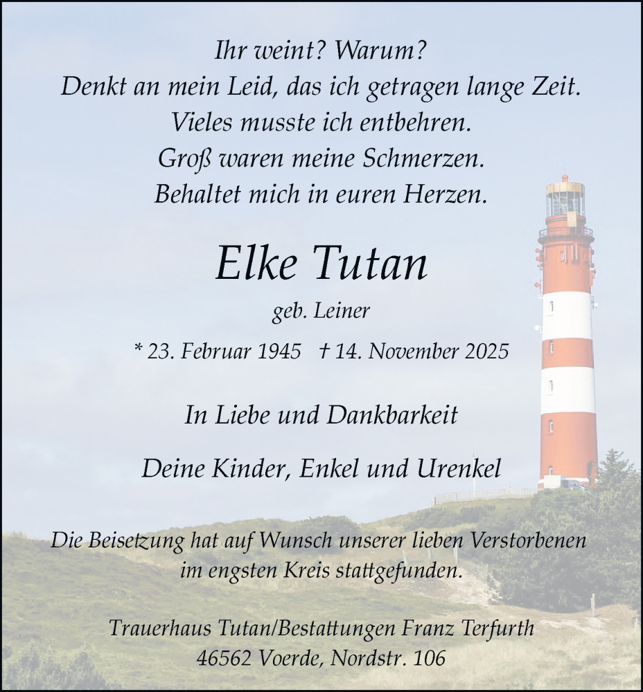  Traueranzeige für Elke Tutan vom 06.12.2025 aus Tageszeitung