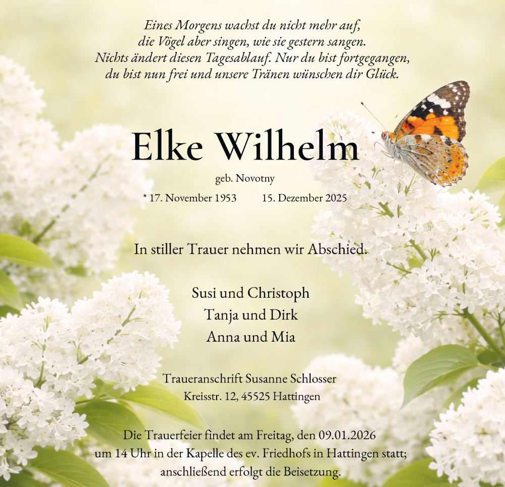  Traueranzeige für Elke Wilhelm vom 27.12.2025 aus Tageszeitung