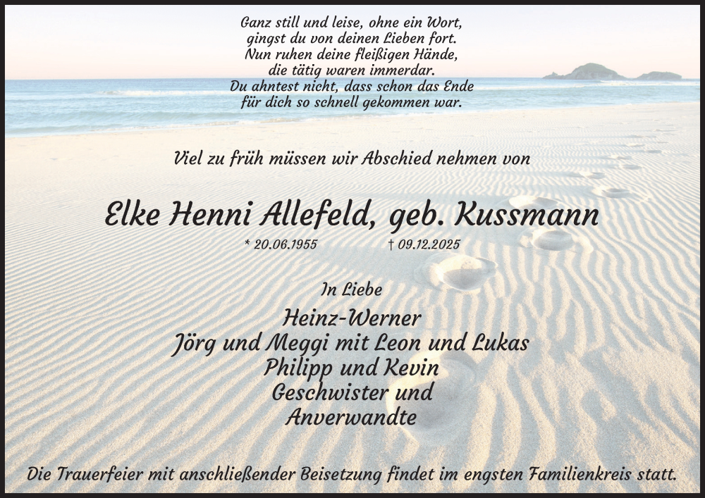  Traueranzeige für Elke Henni Allefeld vom 20.12.2025 aus Tageszeitung