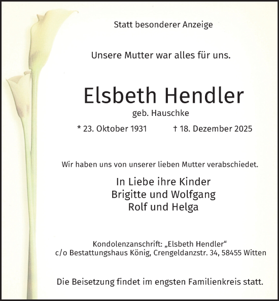 Traueranzeige von Elsbeth Hendler von Tageszeitung