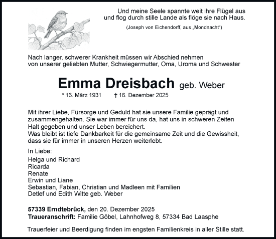Traueranzeige von Emma Dreisbach von Tageszeitung