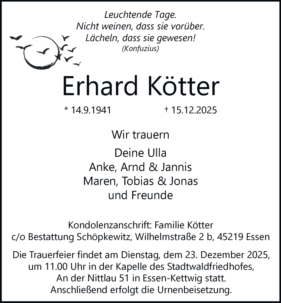 Traueranzeige für Erhard Kötter vom 20.12.2025 aus Tageszeitung