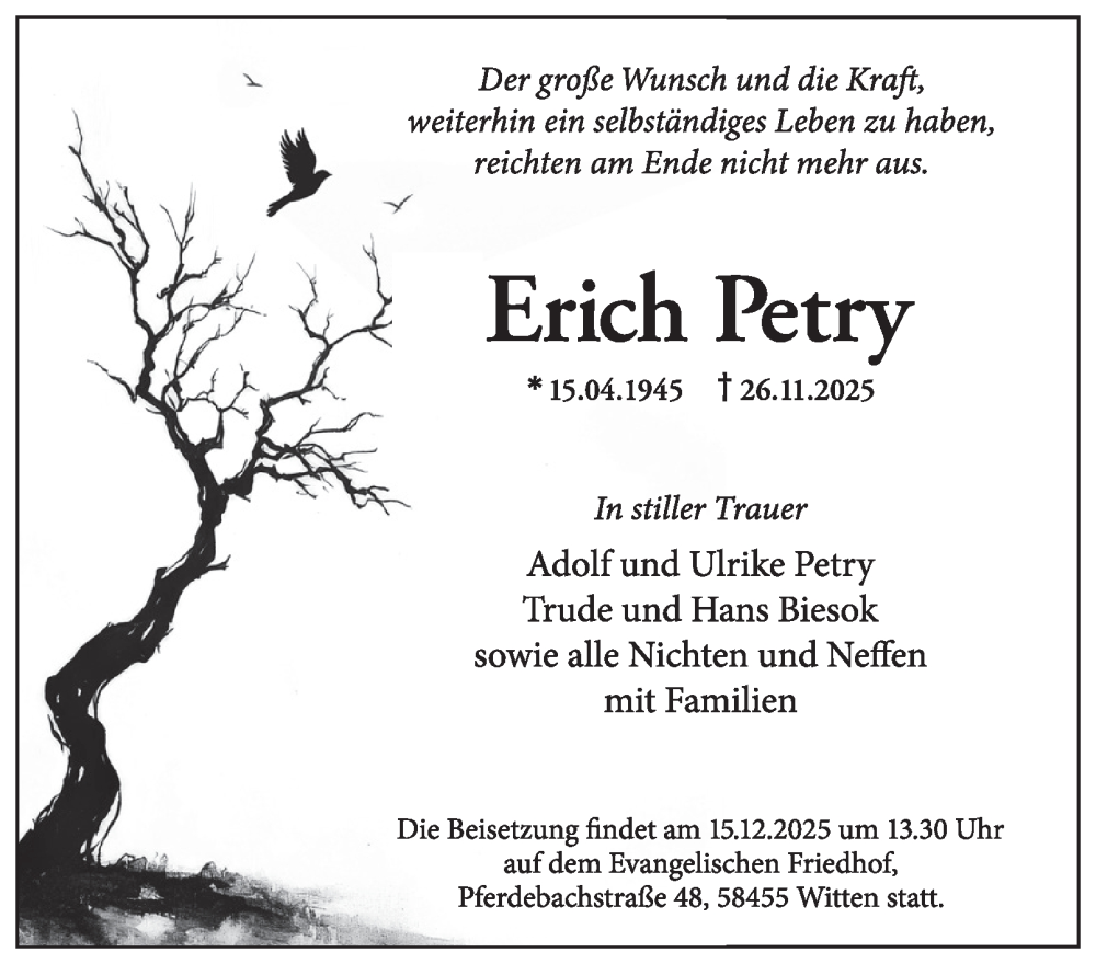  Traueranzeige für Erich Petry vom 06.12.2025 aus Tageszeitung
