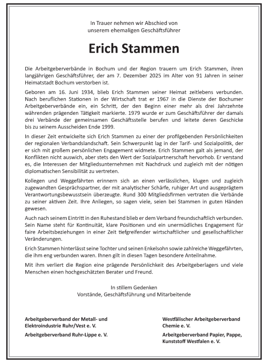 Traueranzeige von Erich Stammen von Trauer in NRW