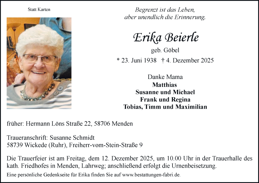  Traueranzeige für Erika Beierle vom 09.12.2025 aus Tageszeitung